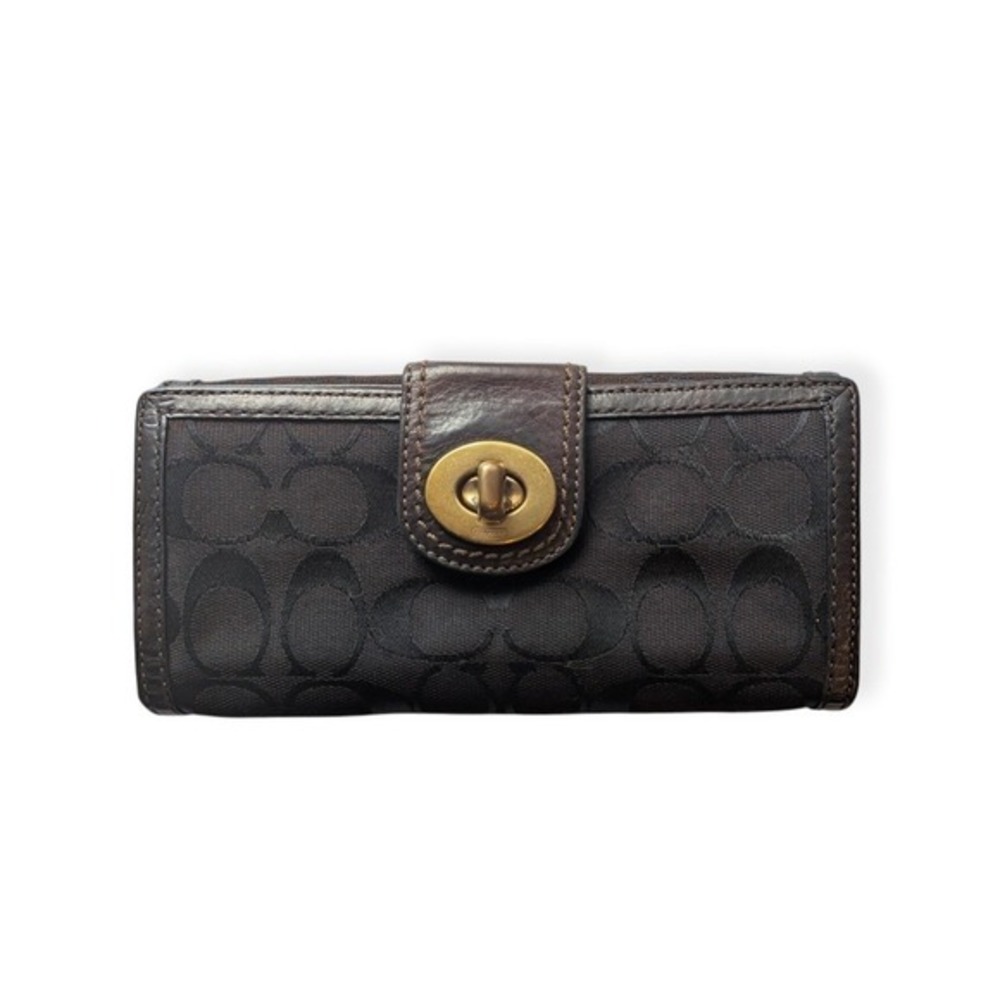 Coach Signature C Turnlock Wallet Women Brown Canvas Jacquard Leather Folding